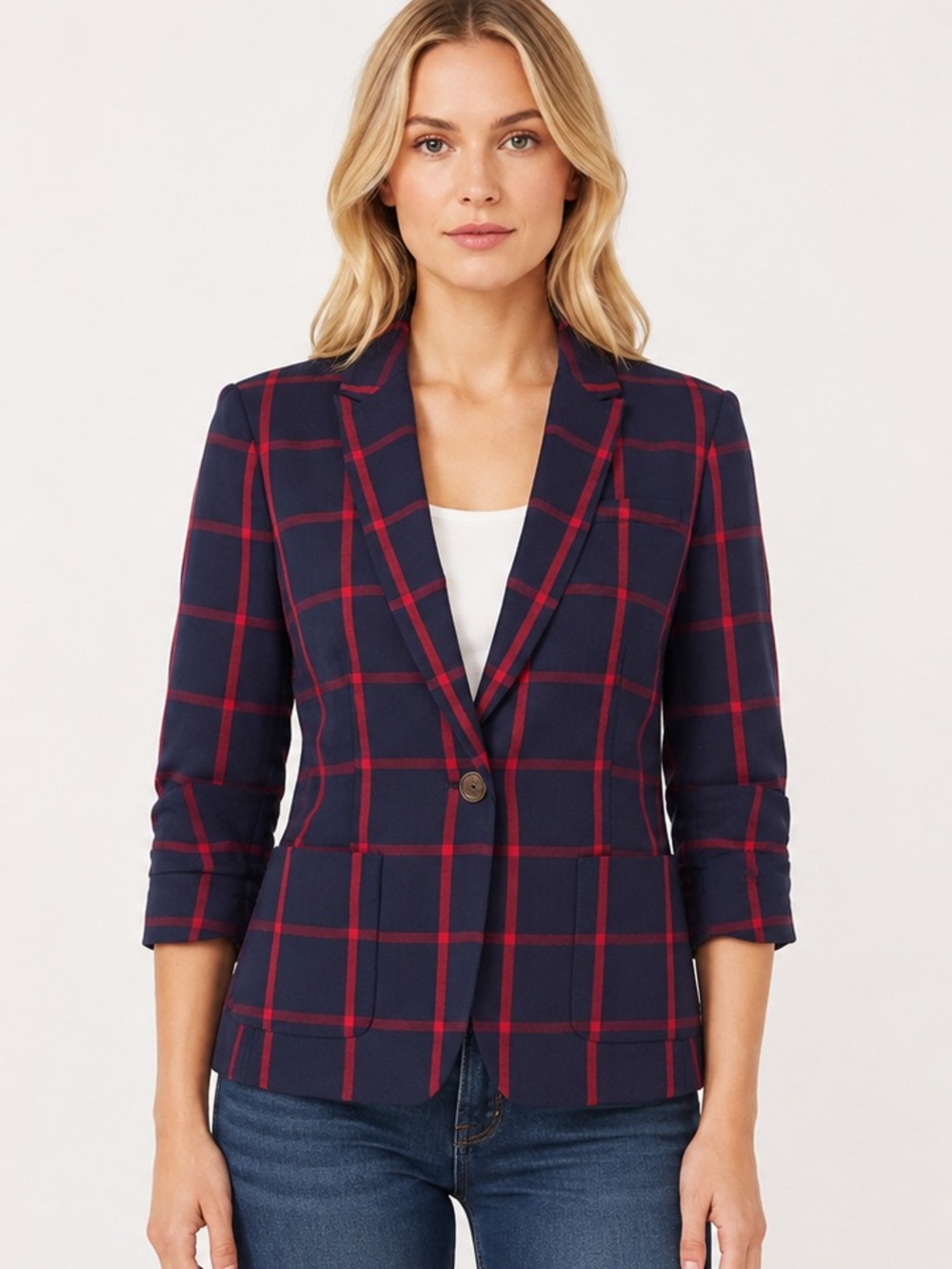 The Limited Windowpane Plaid One-Button Blazer Navy with Red Stripe Size Medium*